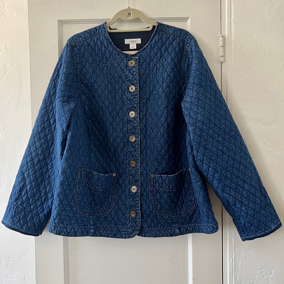 Vintage quilted denim chore coat jacket liner collarless brass buttons 1X - Picture 2 of 16